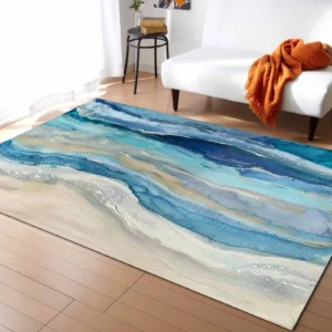 Ocean Waves Beach Abstract Blue To Cream Area Rug 5' X 7'